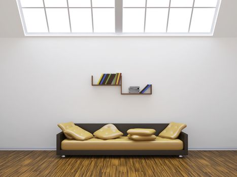 Sofa and a shelf with colored books