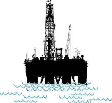 Silhoutte of an oil rig in the middle of the ocean.