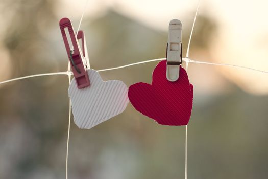 Two homemade hearts on line in front of nature