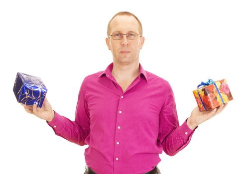 A business person juggling with two colorful gifts