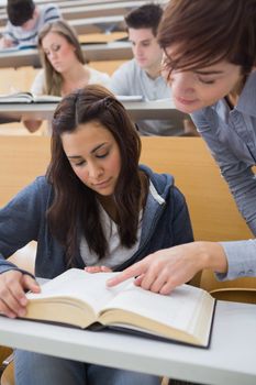 Lecturer pointing to something on student's book in lecture hall