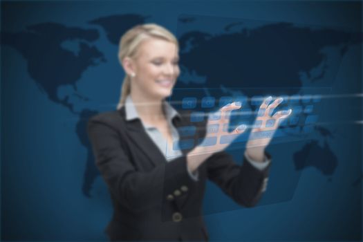 Businesswoman standing smiling while typing on digital keyboard on world map background