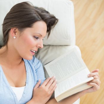 Smiling brunette reading a novel lying on the sofa in the living room