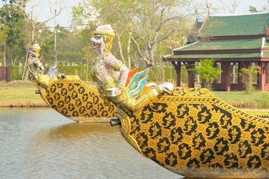 Royal Garuda warship floats on the river in Ancient city, thailand Vessels used in the ceremony, Thailand. 