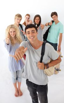 Teenagers going through the high school against wite background