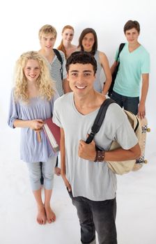 Teenagers going through the high school against wite background