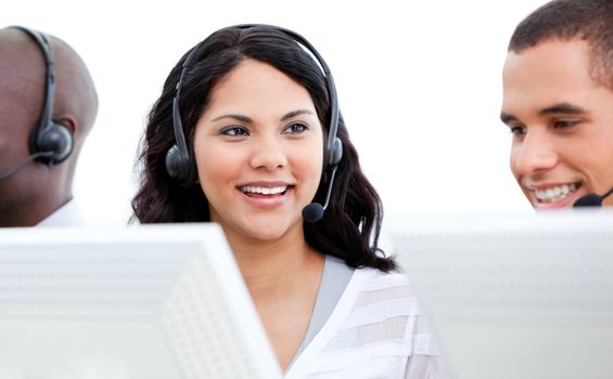 International busines team with headset on working in a call center