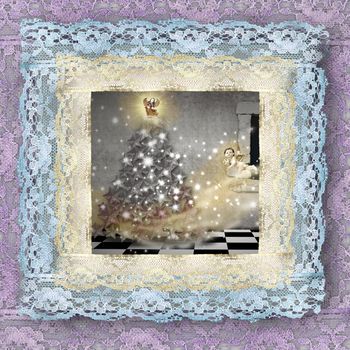 old lace picture, Christmas tree and angels