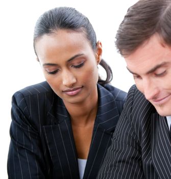 Portrait of concentrated business people isolated on a white background