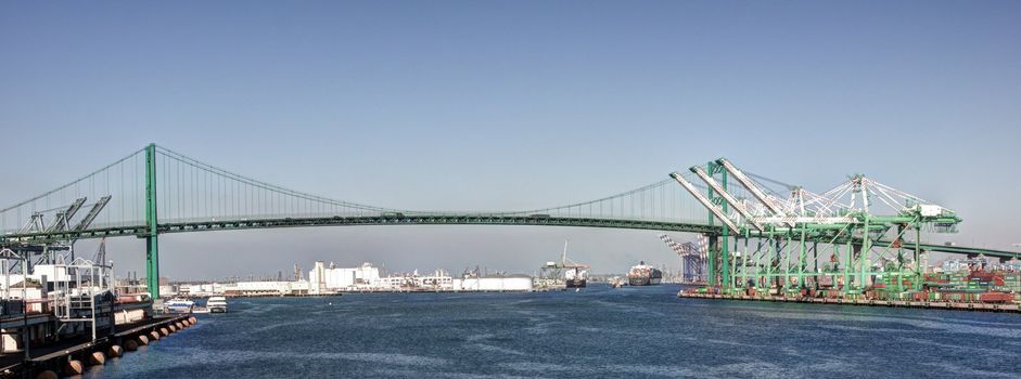 Historic Vincent Thomas Bridge located at the Port of Los Angeles one of the busiest shipping ports in the world