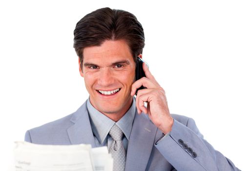 Assertive businessman on phone holding a newspaper isolated on a white background