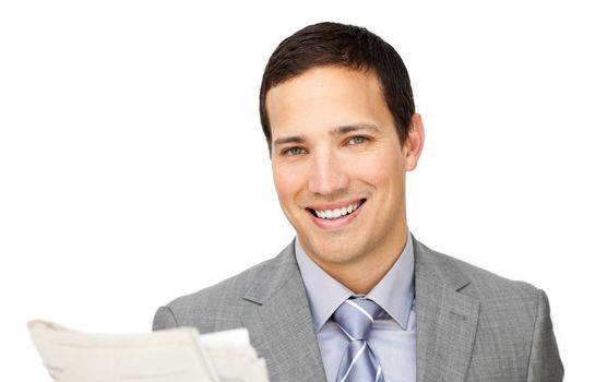 Assertive businessman reading a newspaper isolated on a white background