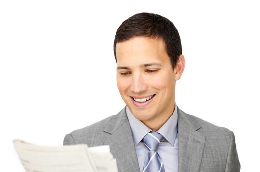 Smiling businessman reading a newspaper isolated on a white background