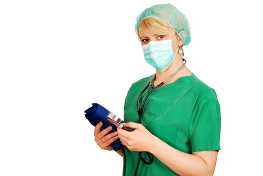 Woman doctor with blood pressure device