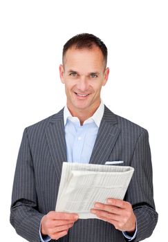 Mature businessman reading a newspaper against a white background