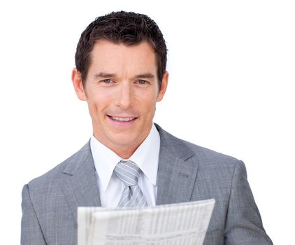 Smiling businessman reading a newspaper isolated on a white background