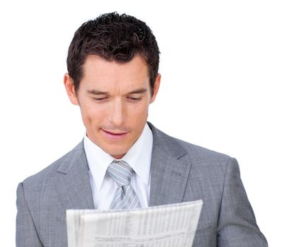 Charming businessman reading a newspaper isolated on a white background