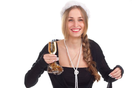 girl celebrates Christmas with a glass of wine studio shooting