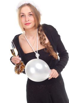 girl celebrates Christmas with a glass of wine studio shooting