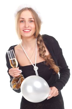 girl celebrates Christmas with a glass of wine studio shooting