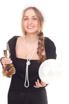 girl celebrates Christmas with a glass of wine studio shooting