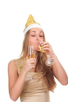 girl celebrates Christmas with a glass of wine studio shooting