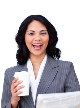 Positive businesswoman drinking a coffee while reading a newspaper isolated on a white background