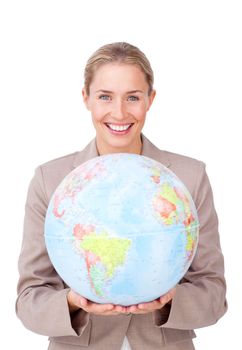 Young businesswoman smiling at global business expansion against a white background