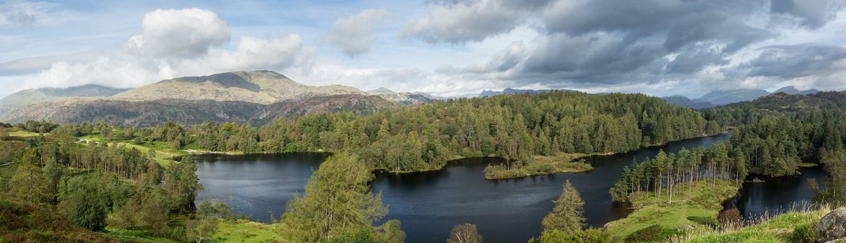 Panoramic view over Tarn Hows in English Lake District