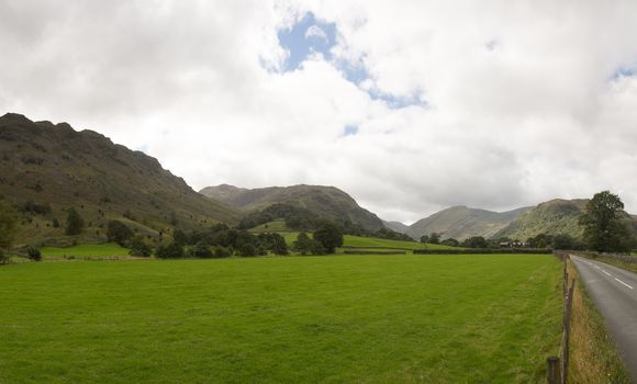 Rural meadows in Borrowdale in English Lake District