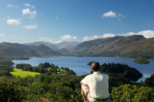 Panorama of Derwentwater in English Lake District from Castlehead viewpoint in early morning