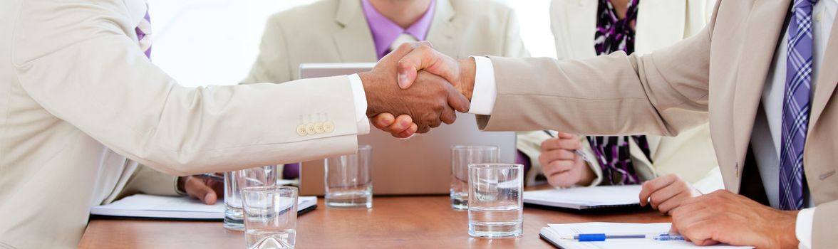 Two business people closing a deal in a meeting