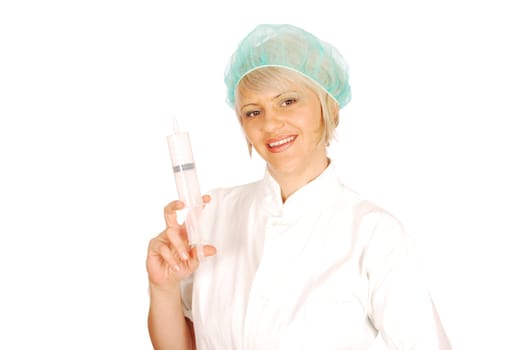 Female doctor with big syringe studio shot