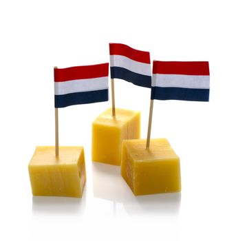 dutch cheese cubes with red white blue Netherlands flag