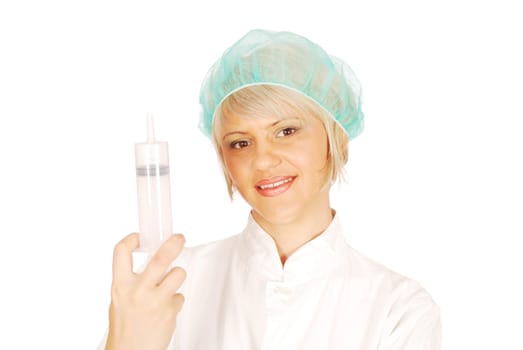 Female doctor in white uniform with big syringe