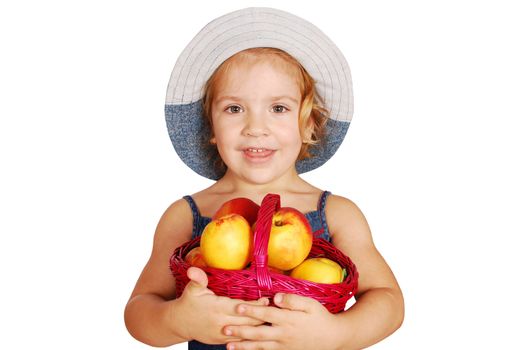 Beauty little girl holding basket with peaches