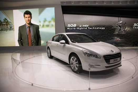 GENEVA, SWITZERLAND - MARCH 4, 2011 - Peugeot 508 Micro Hybrid E-hdi is presented at the annual motor show in Geneva on March 4, 2011.