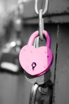 pink wedding lock hanging on the bridge