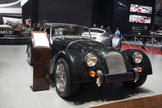 GENEVA, SWITZERLAND - MARCH 4, 2011 - Morgan Roadster model is presented at the annual motor show in Geneva on March 4, 2011.