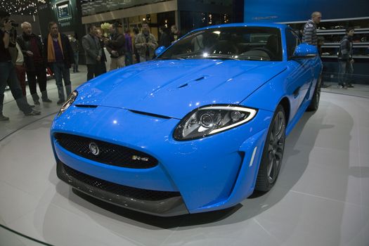 GENEVA, SWITZERLAND - MARCH 4, 2011 - World premiere of the Jaguar XKR-S2 at the annual motor show in Geneva on March 4, 2011.  This is the most powerful and fastest series production sports car Jaguar has ever built with a top speed of 300kph.