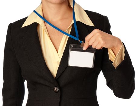woman showing her id card at the entrance of meeting room