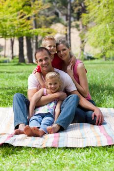 Portrait of young family having a picnic in a park
