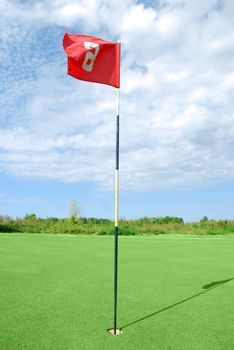 Golf field with red flag