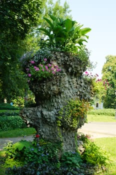 Nice retro park concrete high flower pot and various flowers in it.