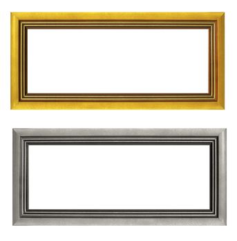 Empty golden and silver picture frames isolated on white background