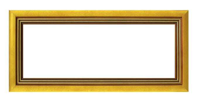 Empty golden picture frame isolated on white background