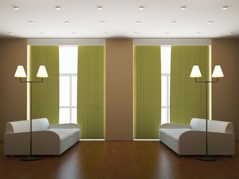 Room interior with two sofas and a lamp
