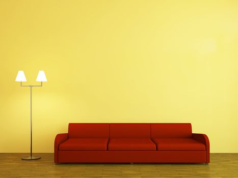 Red sofa and a lamp near the wall