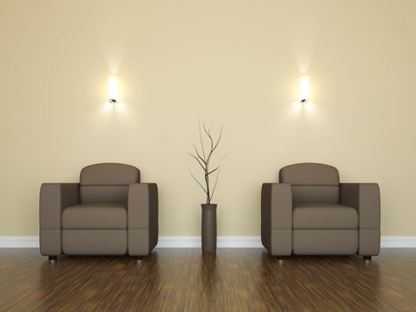 Leather armchairs and a vase near the wall
