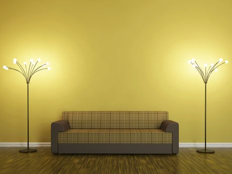 Sofa and a lamp near the wall